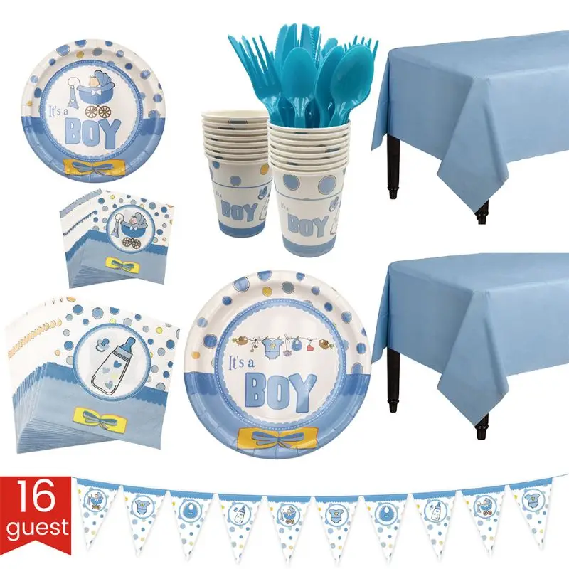 OOTDTY 127 шт бэби Шауэр для мальчика вечерние принадлежности Набор сервирует 16 включая тарелки чашки скатерти и баннерные ножи - Цвет: Синий