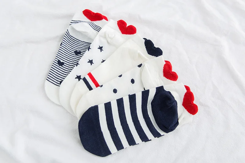 5Pairs/lot Women Cotton Striped Socks Cute Ankle Socks Short Women Socks Casual Animal Ear Red Heart Gril Socks 35-40