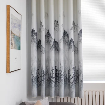 

New Chinese-style Printed Curtains for Living Room Bedroom Fabric Chinese Style Moutain Text Blackout Study Curtains 1 Panel