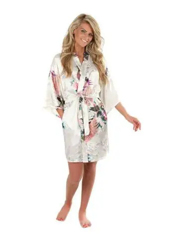Wholesale Flower&Peacock Kimono Bathrobe Women Satin Soft Sleepwear Sexy Mini Bride Bridesmaid Wedding Robe Dressing Party Gown
