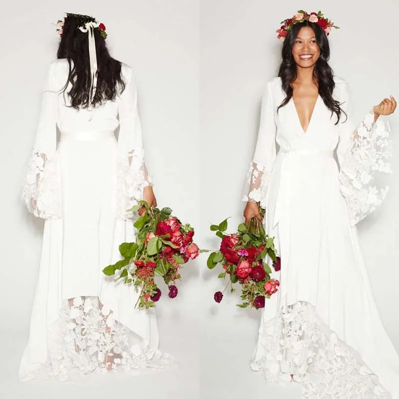 

Simple Bohemian Long Sleeves Deep V Neck Hippie Beach Wedding Gown Plus Size Wedding Dresses