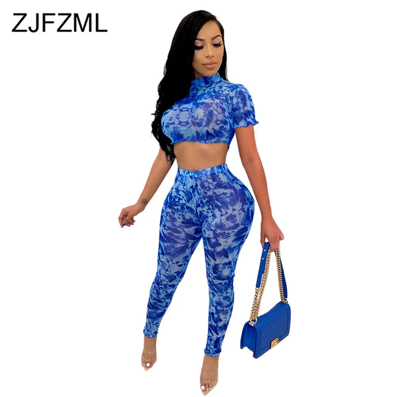 

Tie Dyeing Print Two Piece Tracksuit Women's Set Mock Neck Long Sleeve Crop Top And High Waist Pencil Pant Plus Size Club Outfit