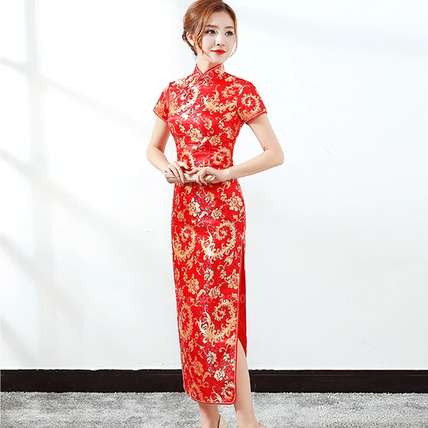 Китайское платье Элегантное свадебное атласное платье Ципао платье невесты Новогодняя одежда Традиционный китайский национальный костюм красные вечерние платья - Color: Color2