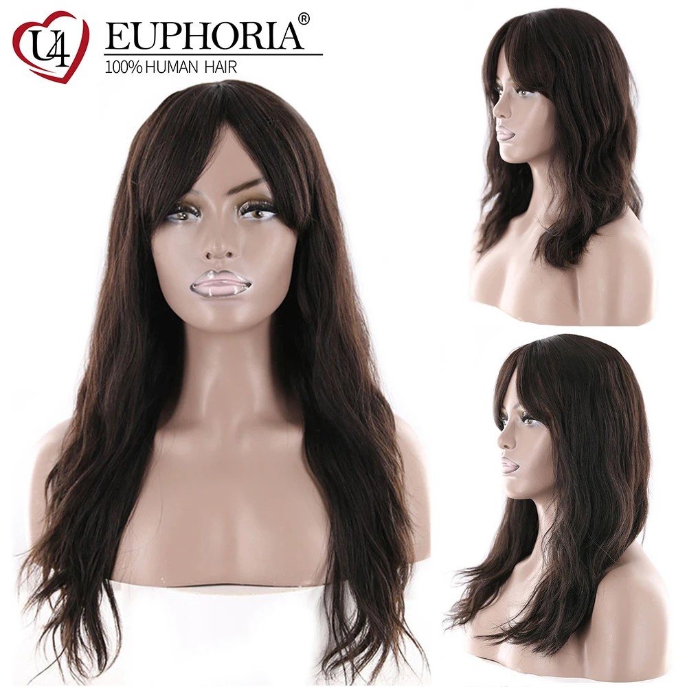 

Brazilian Long Natural Wave Remy Human Hair Wigs With Bangs Natural Color Pre Plucked Middle Part For Women 18 20 22 In EUPHORIA
