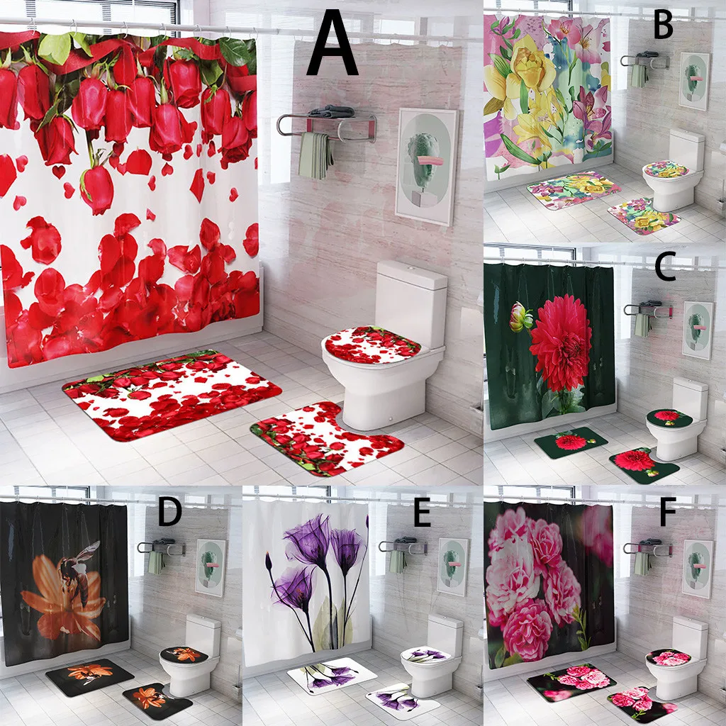 Цветы занавески для душа напольный коврик из четырех частей набор ковриков для ванной Бытовые аксессуары для ванной комнаты домашний душ душавая занавеска