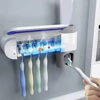 

3in 1 UV Toothbrush Sterilizer Wall Mount Automatic Toothpaste Dispenser Bathroom EU 100-240V