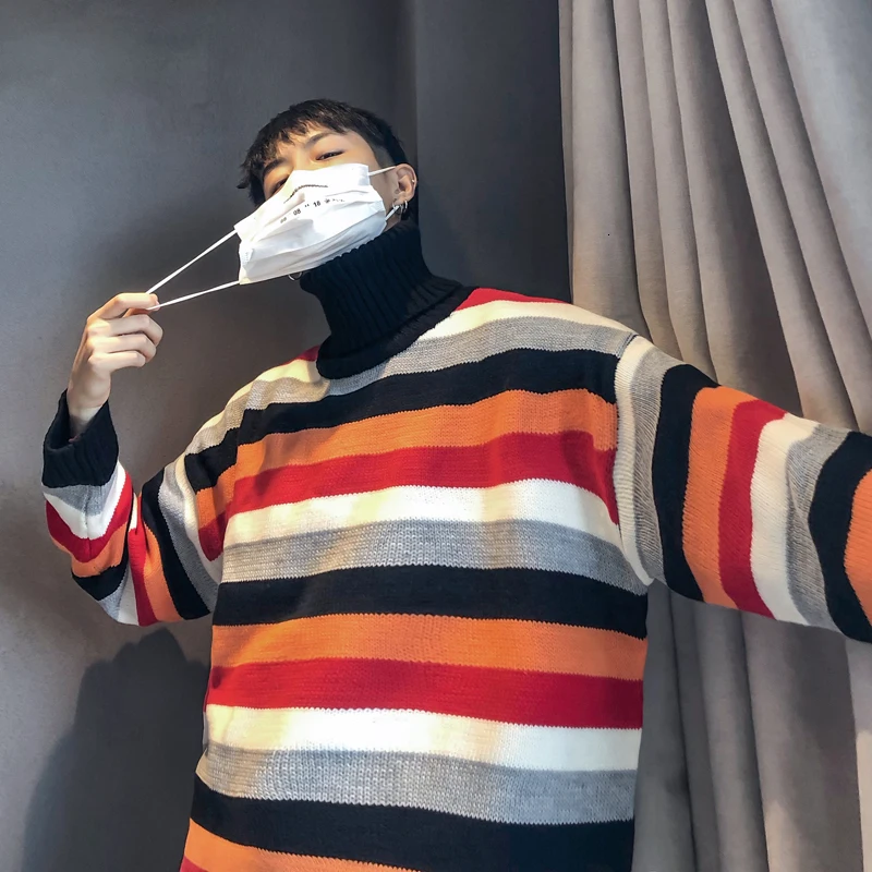 Winter High Collar Sweater Men Warm Fashion Contrast Color Casual Striped Knit Sweater Man Sweter Loose Long Sleeve Pullover Men Winter High Collar Sweater Men Warm Fashion Contrast Color Casual Striped Knit Sweater Man Sweter Loose Long Sleeve Pullover Men