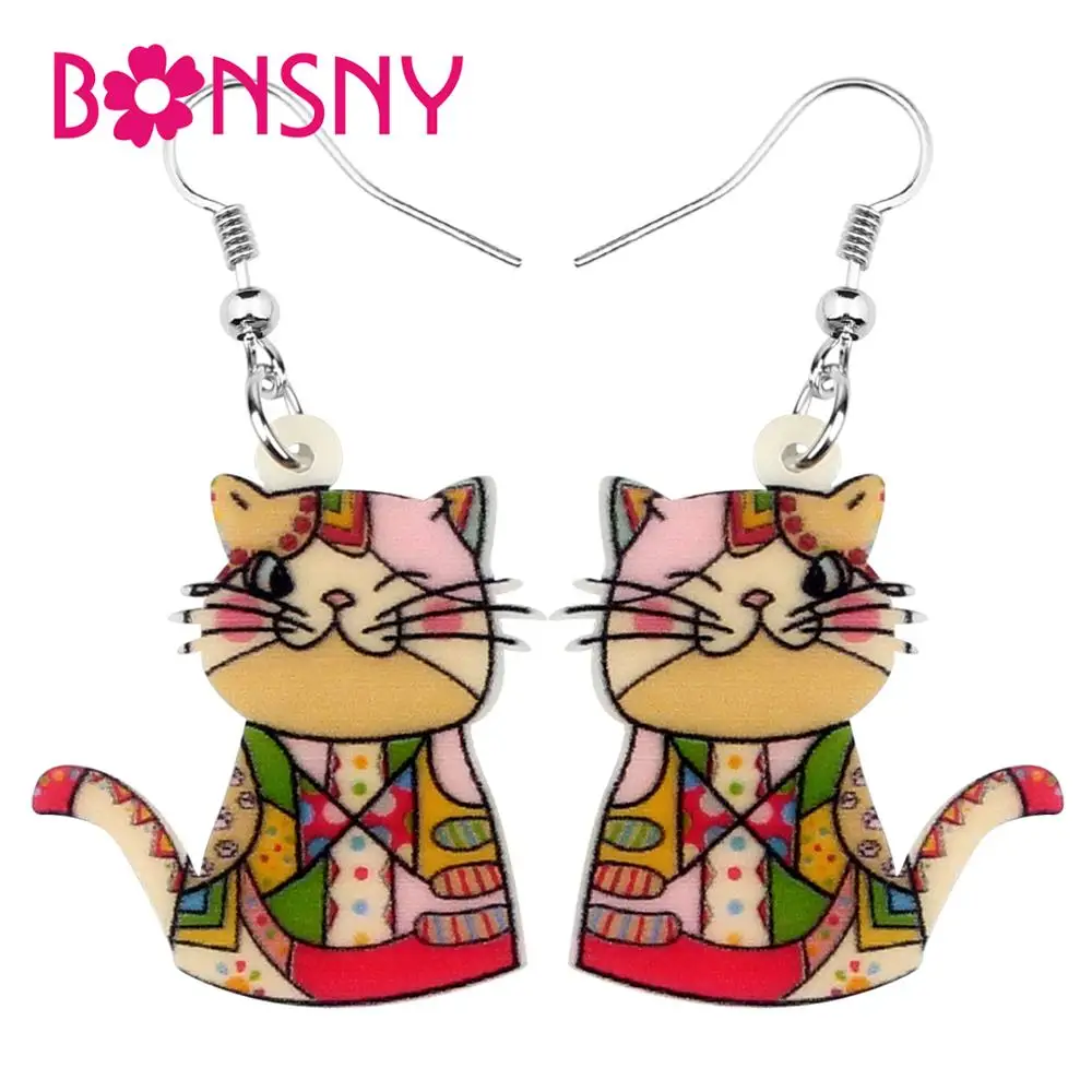 Bonsny акриловые Мультяшные котята сережки кошки длинные висячие Висячие милые