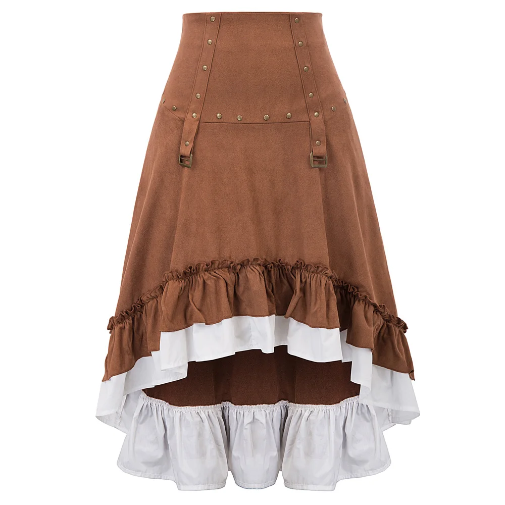 SD Женская Ретро Юбка стимпанк викторианские заклепки украшенные рюшами Асимметричная высокая-низкая юбка Модные женские вечерние юбки - Color: Brown