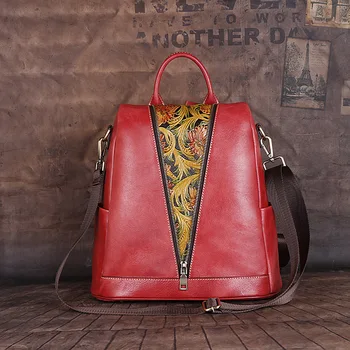 

2020 fashion personality handbags retro first layer cowhide high-capacity leather high-end upper-grade leather carving backpack