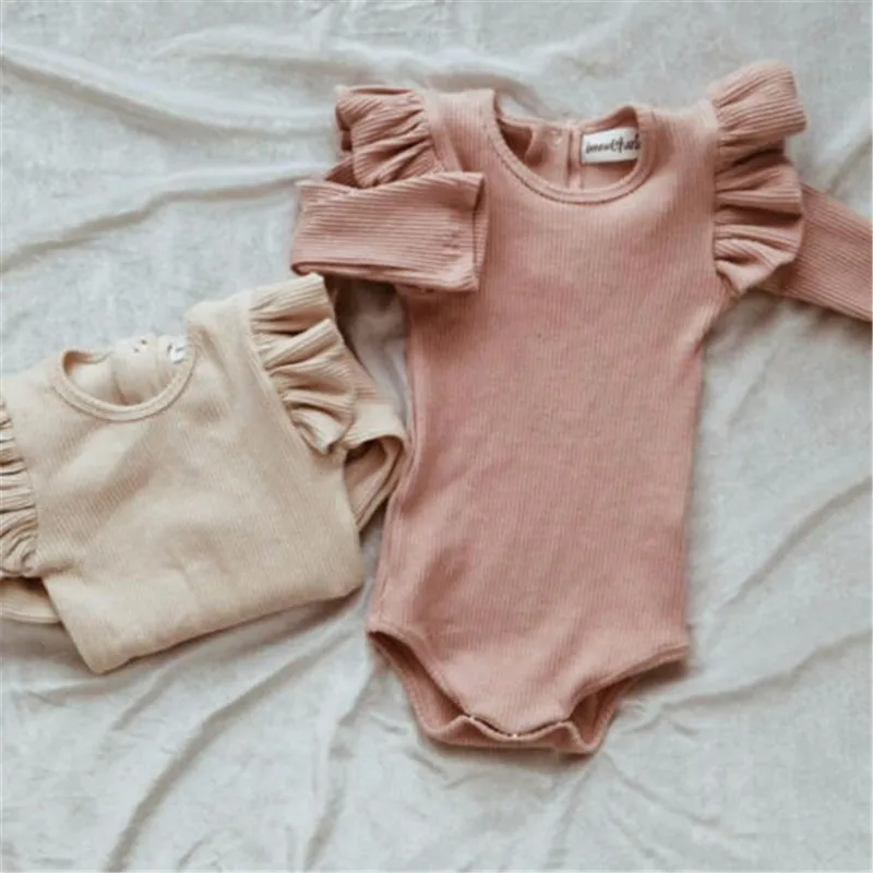 0-24M Newborn Jumpsuit Baby Boy Long Sleeve Romper Cotton Ruffled Solid Beige White Black Pink Playsuit For Infant Girls 6