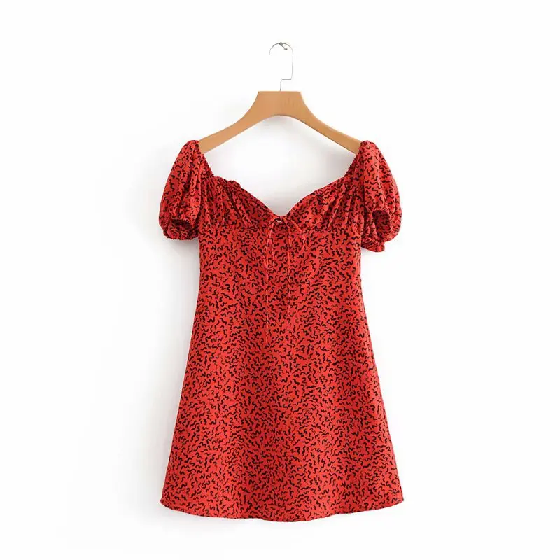 

C4103-8085 nv zhuang qun Autumn 2018 Monochrome Printed Pullover V-neck Lace-up Lantern Short Sleeve Short Dress