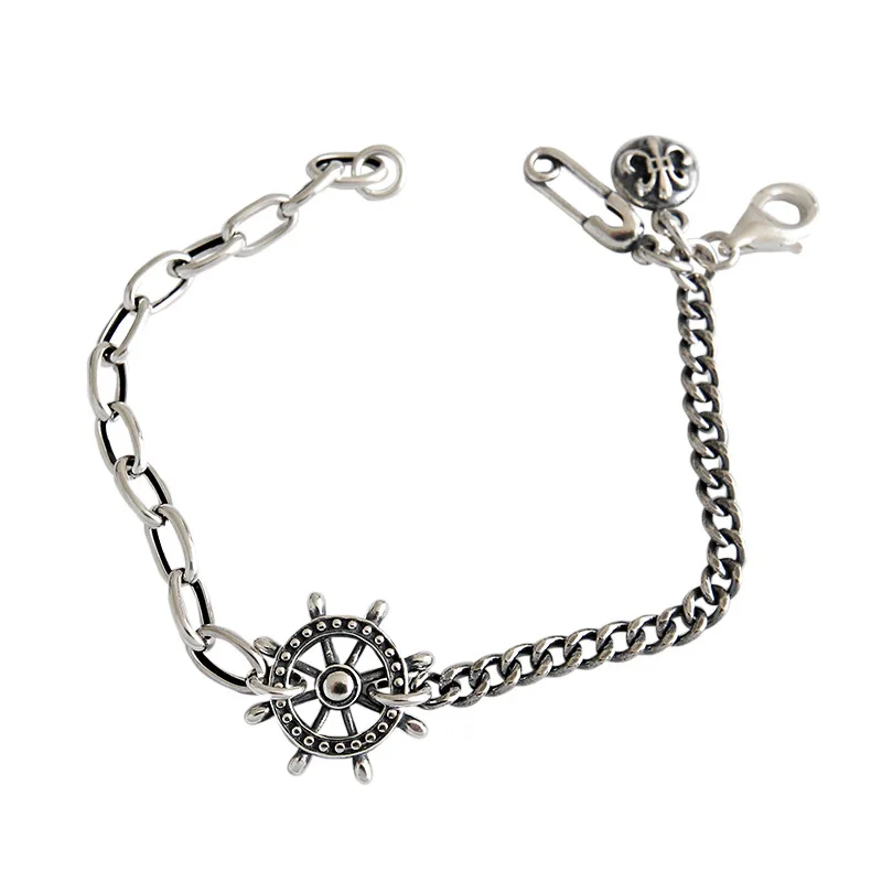 

S925 Sterling Silver Bracelet instagram simple retro rudder pin cross chain female Bracelet Personalized Silver Chain