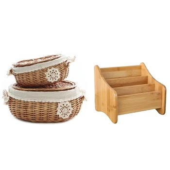 

3 Grid Bamboo Remote Control Storage Box Stationery Headphone Cable & Wicker Rattan Storage Basket with Lid Snack Basket