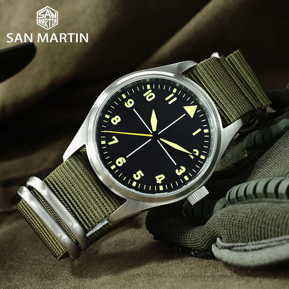 Мужские кварцевые часы San Martin Pilot простой стиль военный ремешок из нейлона