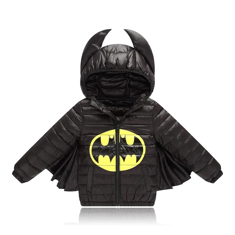 Down Jacket B Короткая куртка-пуховик для маленьких мальчиков и девочек Детские Зимние маскарадные костюмы Бэтмена, белое пуховое пальто Зимняя верхняя одежда с капюшоном и роговыми рожками для малышей - Цвет: Down Jacket B