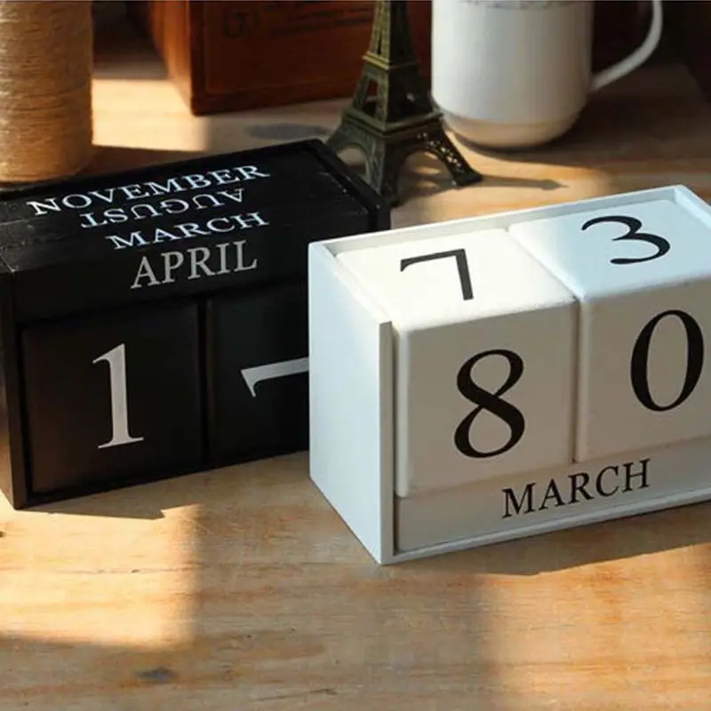 Large Vintage Wooden Perpetual Calendar Eternal Block Month Date Display Desk Accessory Photography Props Home Office Decoration