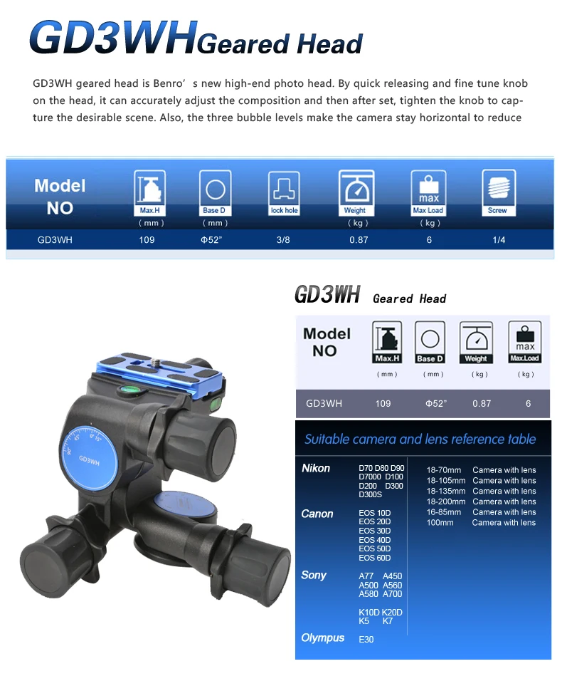 Benro GD3WH голова-Шестерни диск 3-осевая голова трехмерной головки для Камера штатив Максимальная нагрузка 6 кг