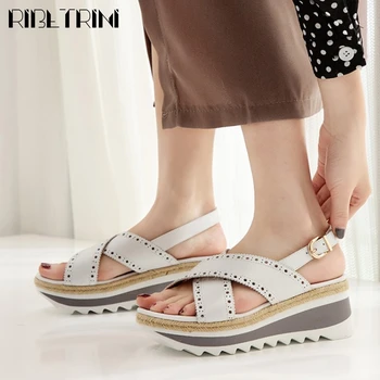 

RIBETRINI Fashion Fretwork Genuine Leather Shoes New Classic mixed-color Platform Women Sandals Comfy Wedges Sandals