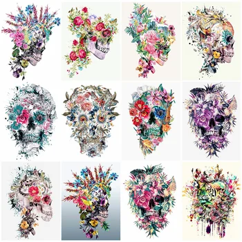 

HUACAN DIY Diamond Painting Full Square Skull Flowers 5D Diamond Art Embroidery Handmade Home Decoration