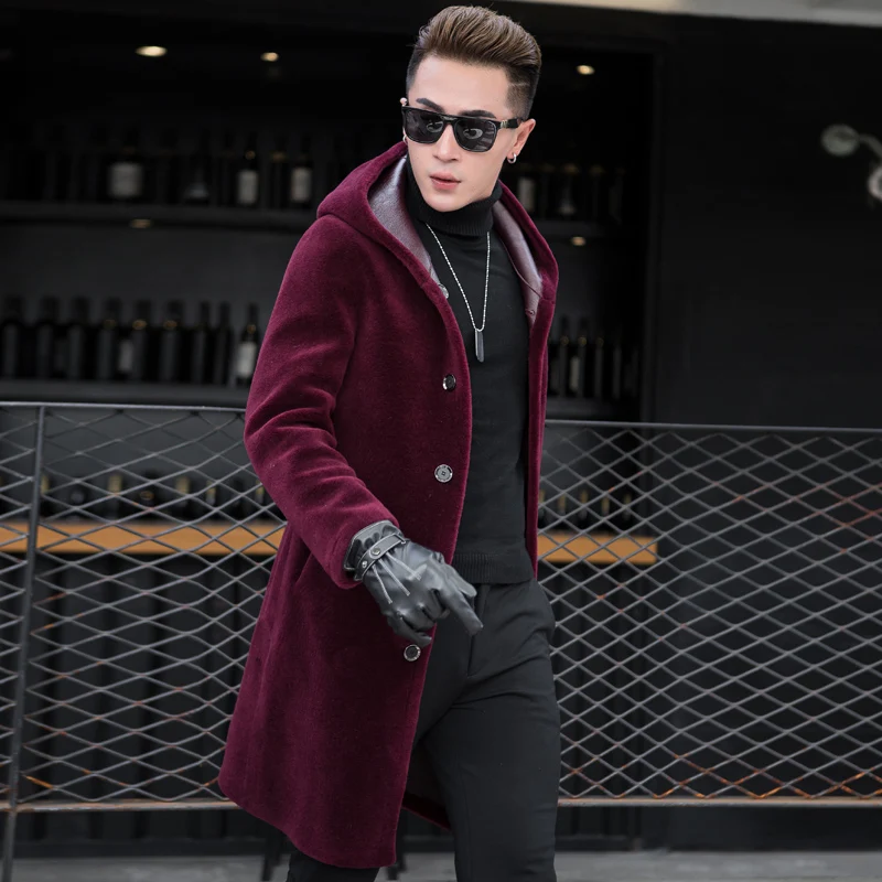 Роскошное Мужское пальто из овечьей шерсти, деловое повседневное тонкое длинное пальто с капюшоном из натурального меха, брендовый зимний Блейзер, пальто размера плюс