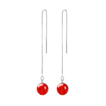 

925 Sterling Silver Earrings Red Agate Long Tassel Earrings For Women Fashion Long Ear Drops Simple Popular Ear Drops Jewelry