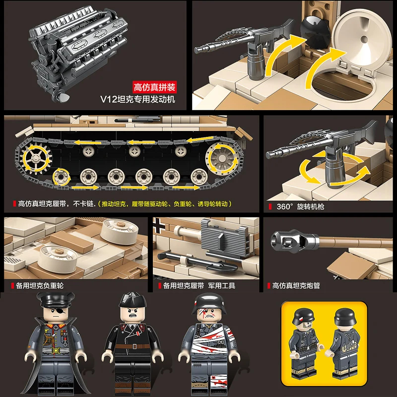  721PCS Military Germany Tank Building Blocks Legoing Technic Military WW2 Tank Army Soldier Weapon 