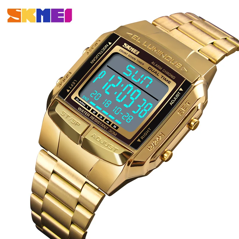Skmei European Station Simple Small Gold Square Men Trend Electronic Watch Waterproof Luminous Alarm Clock Table  reloj homb1381