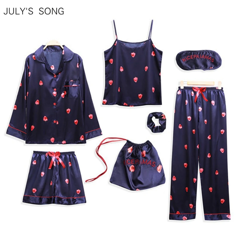 JULY'S SONG 7 Pieces Sexy Pajamas Sets Faux Silk Stain Sling And Shorts Sweet Strawberry Printed Long Sleeve Sleepwear Homewear | Женская