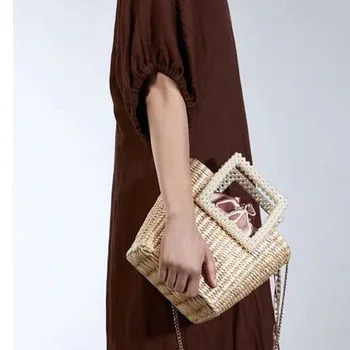 

AUAU-New Pearl Fashion Women Bags Hand-Woven Straw Shoulder Bag Seaside Vacation Handbag