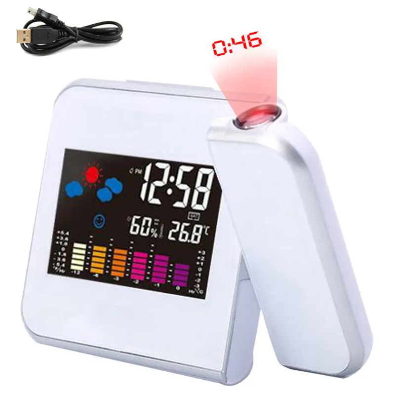 LED Digital Projection Alarm Clock Temperature Thermometer Desk Time Date Display Projector Calendar USB Charger Table Led Clock