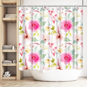 

Waterproof Shower Curtain Pink Flowers Polyester Fabric Photo Custom Bath Curtain for Bathroom Decor with Hooks 180x180cm