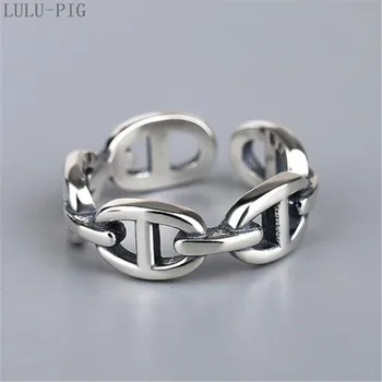 

LULU-PIG Hot New 925 Sterling Nostril Silver Retro Irregularly Smooth Chain Fashionable Big Nostril Opening Ring KJZ-0529