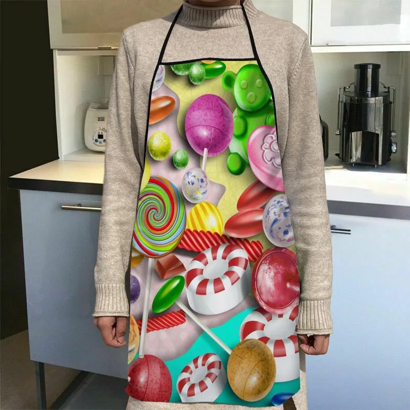 Custom Candy Pattern Kitchen Apron Dinner Party Cooking Apron Adult Baking Accessories Waterproof Fabric Printed Cleaning Tools 6