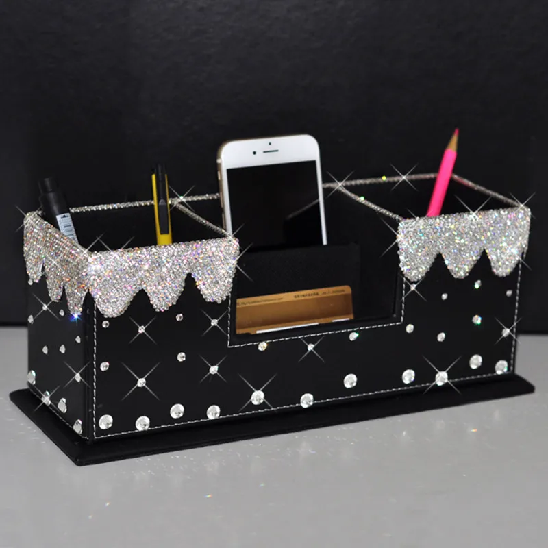 

Desktop Storage Box Pen Lolder Leather Name Card Holder Crystal Card Stand Office Stationery Box Desk Decorations