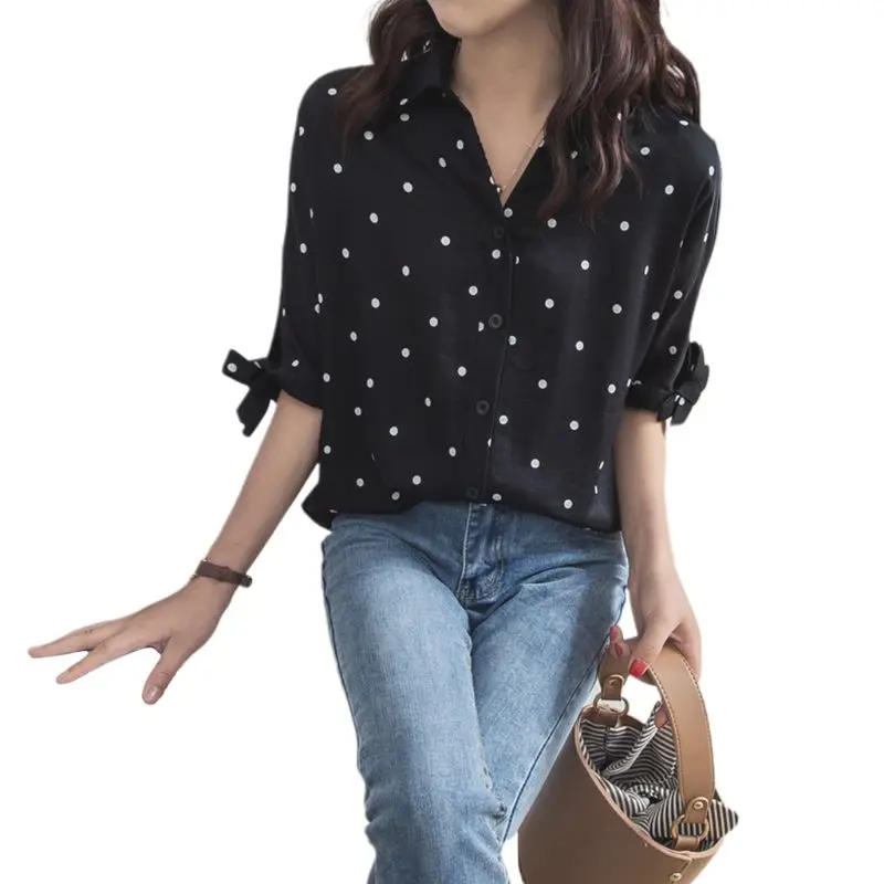 

Womens Lace Up Bowknot Half Sleeves Blouse Button Down V-Neck Causal Loose Tops Vintage Polka Dot Printed Shirts Plus Size M-4XL