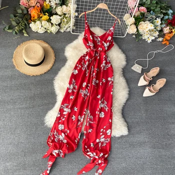 

Seaside Holiday Jumpsuit 2020 New Chiffon Print V Collar Sleeveless High Waist Wide Legs Open Fork Jumpsuit L116