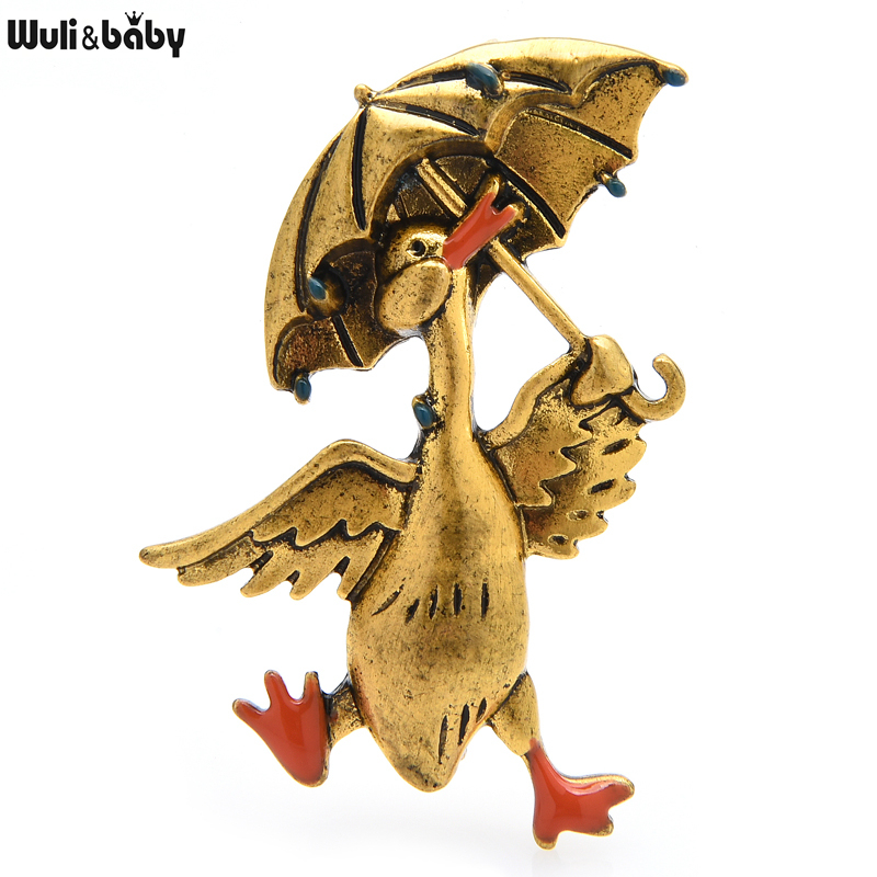 Wuli&baby Vintage Taking Umbrella Duck Brooches For Women Unisex 2-color Happy Walking Duck Animal Party Casual Brooch Pin Gifts