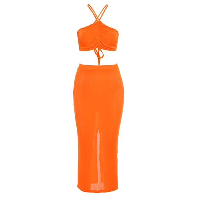 Halter Crop Top And Skirt Set Sexy Women Outfits Summer Dress Sets Cami Top Two Piece Set Skirt Elegant Party Club Outfits Orange