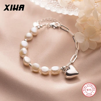 

XIHA 925 Sterling Silver Heart Love Charm Bracelet Women Baroque Pearl Link Chain Korean Style Fashion Jewelry Party Ladies Gift