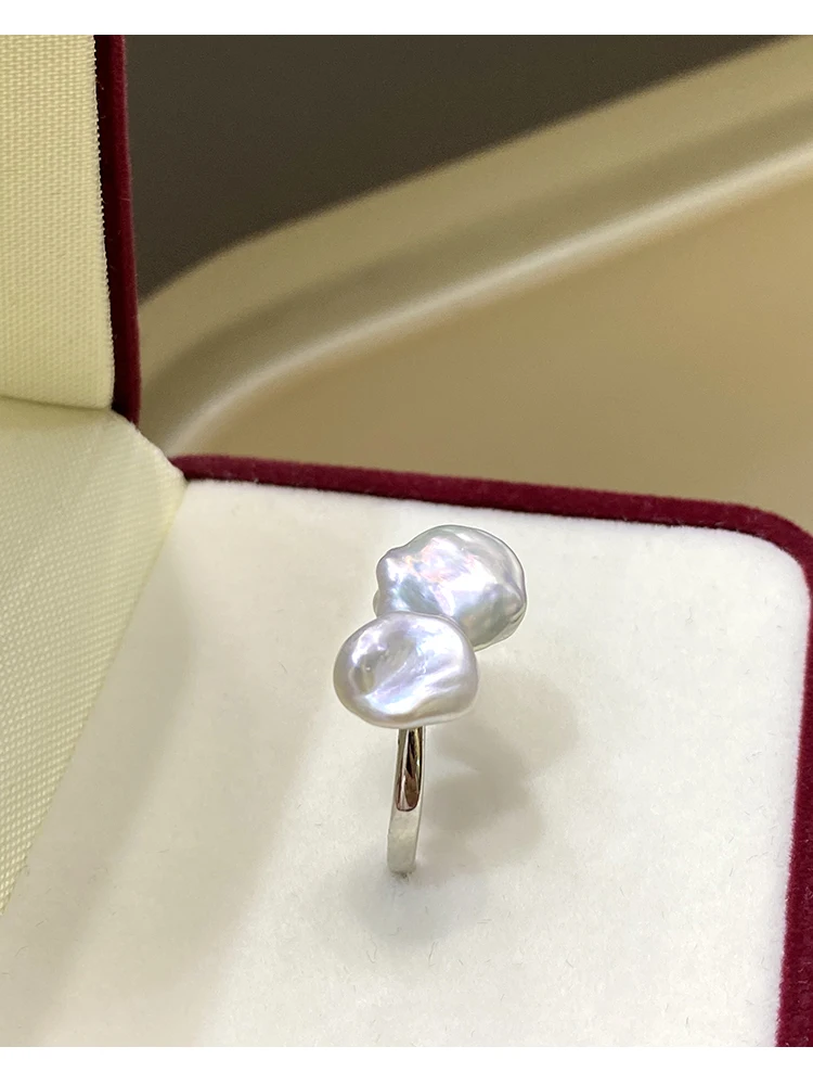 2021 Summer Female Pearl Ring Baroque Pearl Open Ring Adjustable Ring Setting Double Bead Ring Simple Female Ring Woman's Jewelr