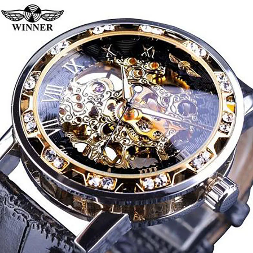

2019 Winner Black New Golden Retro Luminous Hands Diamond Display Mens Mechanical Skeleton Wrist Watches Top Brand Luxury Clock