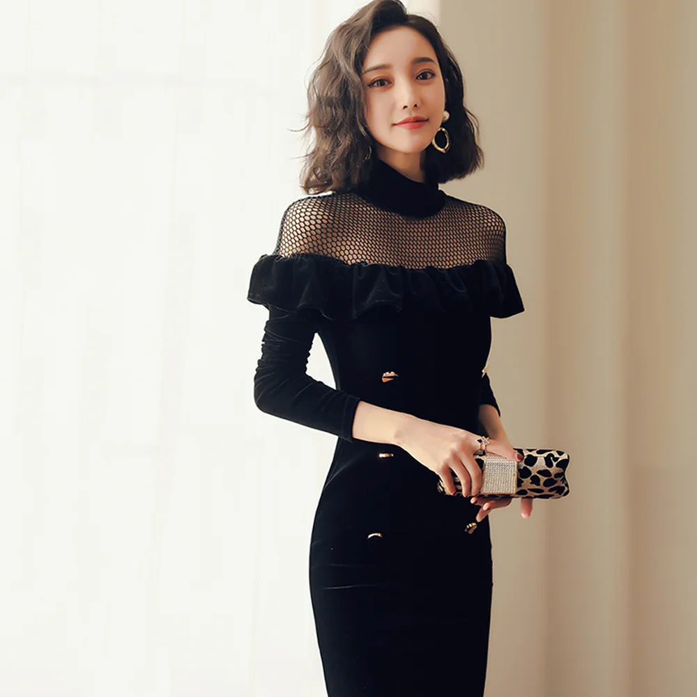 Winter Net Tarn Splice Sexy Hollow Black Velvet One Piece Dress 22 Spring Female Ruffle Office Lady Elegant Party Long Dress Dresses Aliexpress