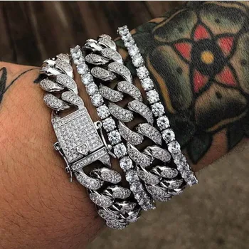 

Hip Hop Bling Iced Out Miami Cuban Link Chain Full AAA Crystal Pave Men's Bracelet Gold Silver Color Bracelets for Men Jewelry