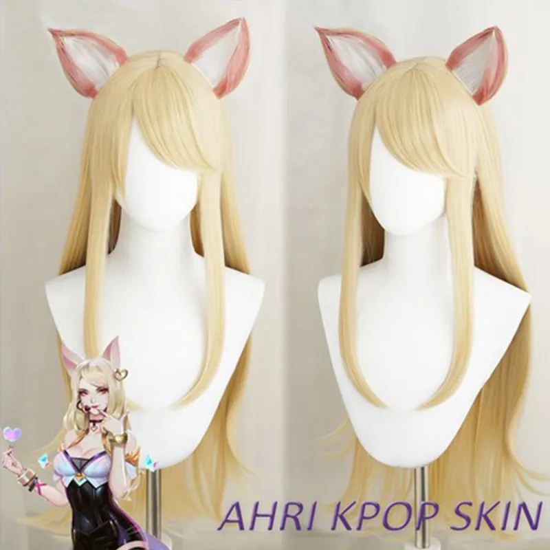 Парик для косплея LOL Game Ahri с ушками KDA POP/STAR парики женский длинный прямой светлый