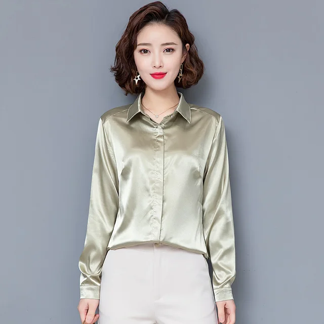 Elegant Office Ladies Work Shirt Women Blouse Long Sleeve Lapel Hidden Buttons Bright Basic Satin Silk Women Shirt Female Tops