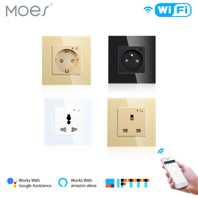 

WiFi Smart Wall Socket Outlet Glass Panel Smart Life/Tuya APP Remote Control,Works with Amazon Echo Alexa Google Home EU FR UK