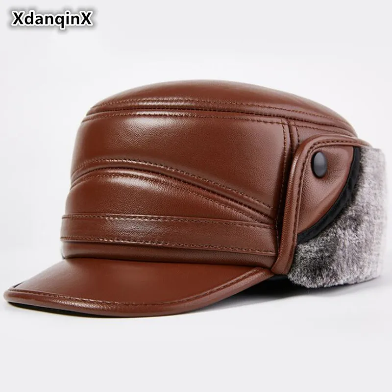 

XdanqinX Winter Genuine Leather Hat Men's Flat Cap Sheepskin Leather Army Military Hats Thick Warm Earmuffs Cap Velvet Dad's Cap