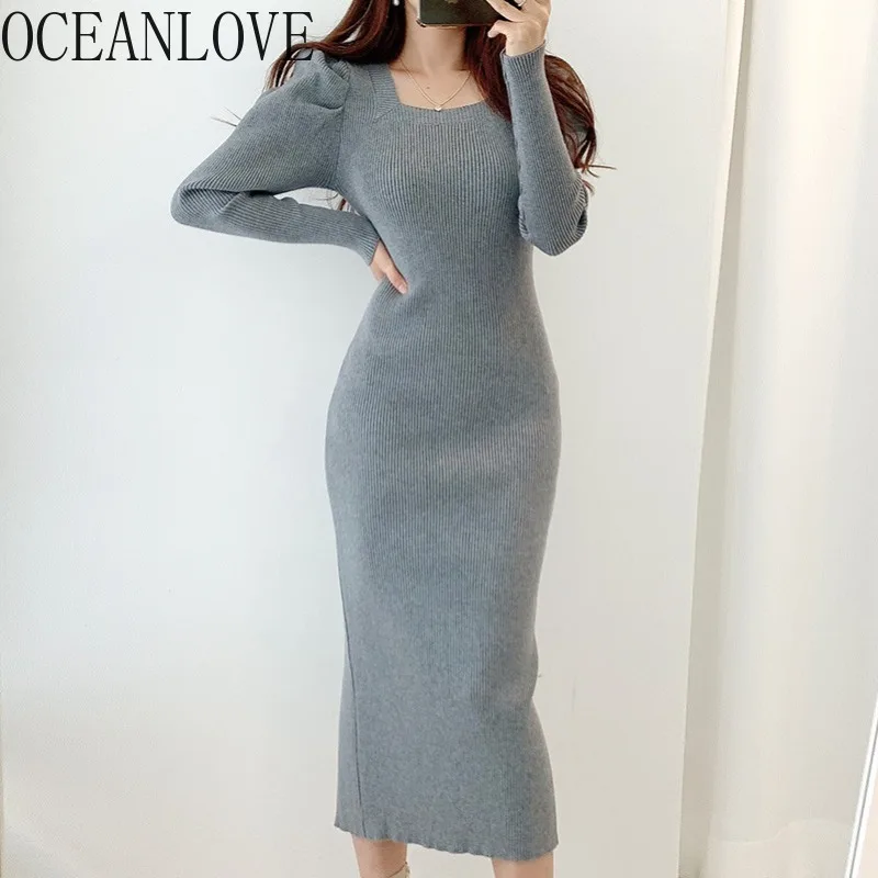 OCEANLOVE осенне-зимнее однотонное вязаное платье с квадратным вырезом в Корейском