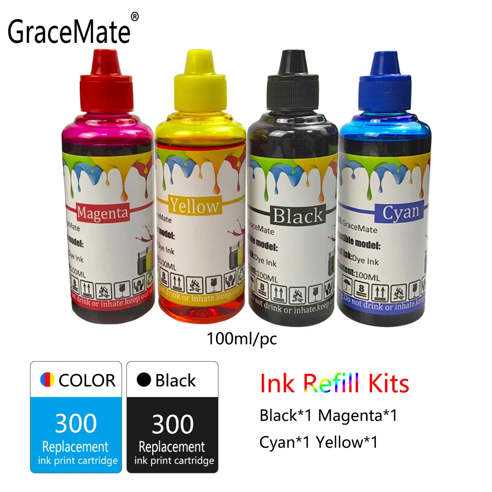 GraceMate принтера пополнения чернил Бутылка Замена для hp 300 D1660 D2560 D2660 D5560 F2420 F2480 F2492 F4210 F4224 F4272 - Цвет: 1 Set
